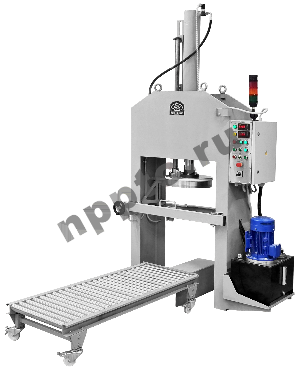 Пресс-экструдер для смесительных емкостей объемом 60 литров с рольгангом для удобства установки и съема пластиковых ведер